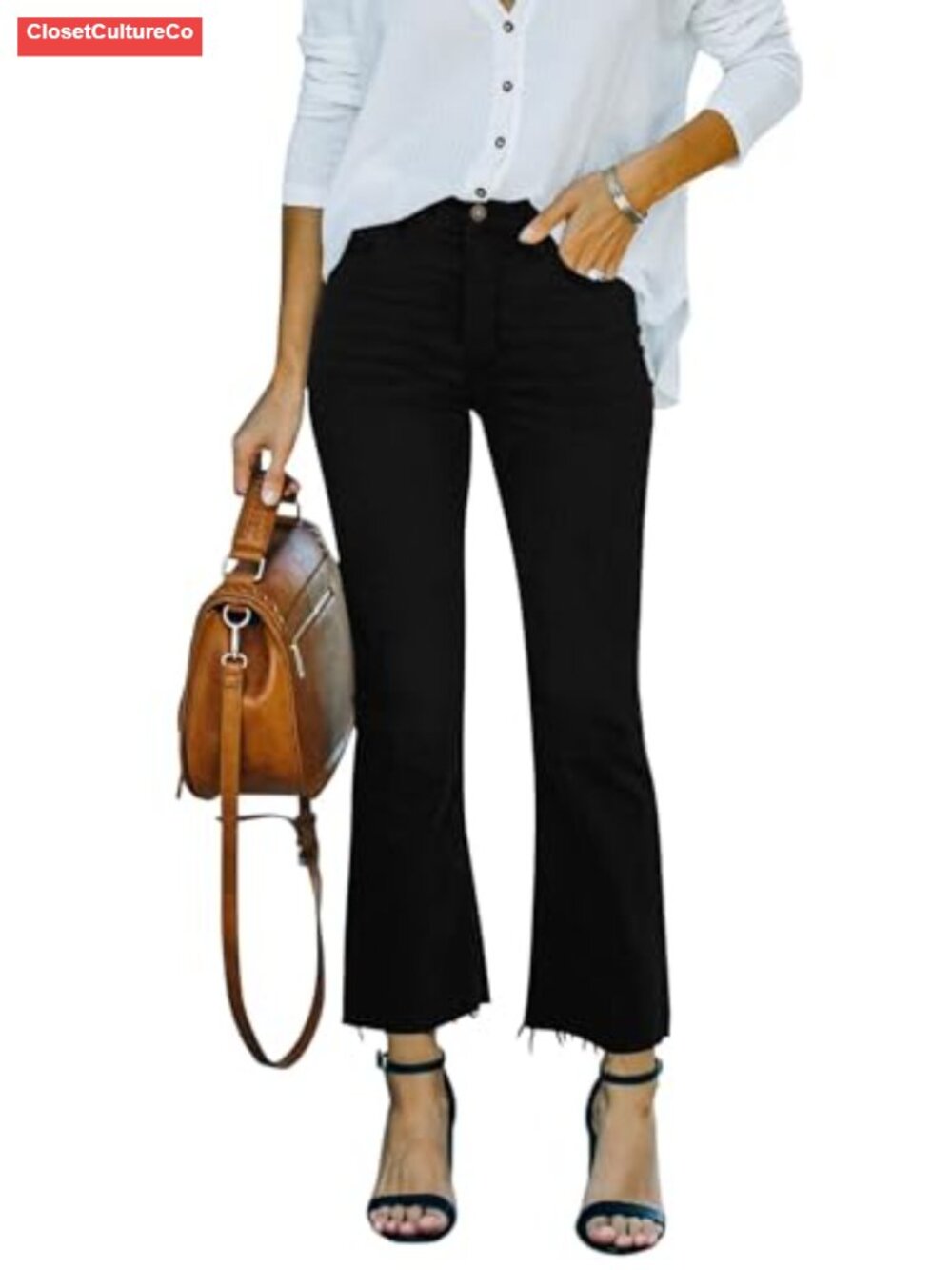 High Rise Flare Jeans Stretch Cotton Denim Cropped Raw Hem